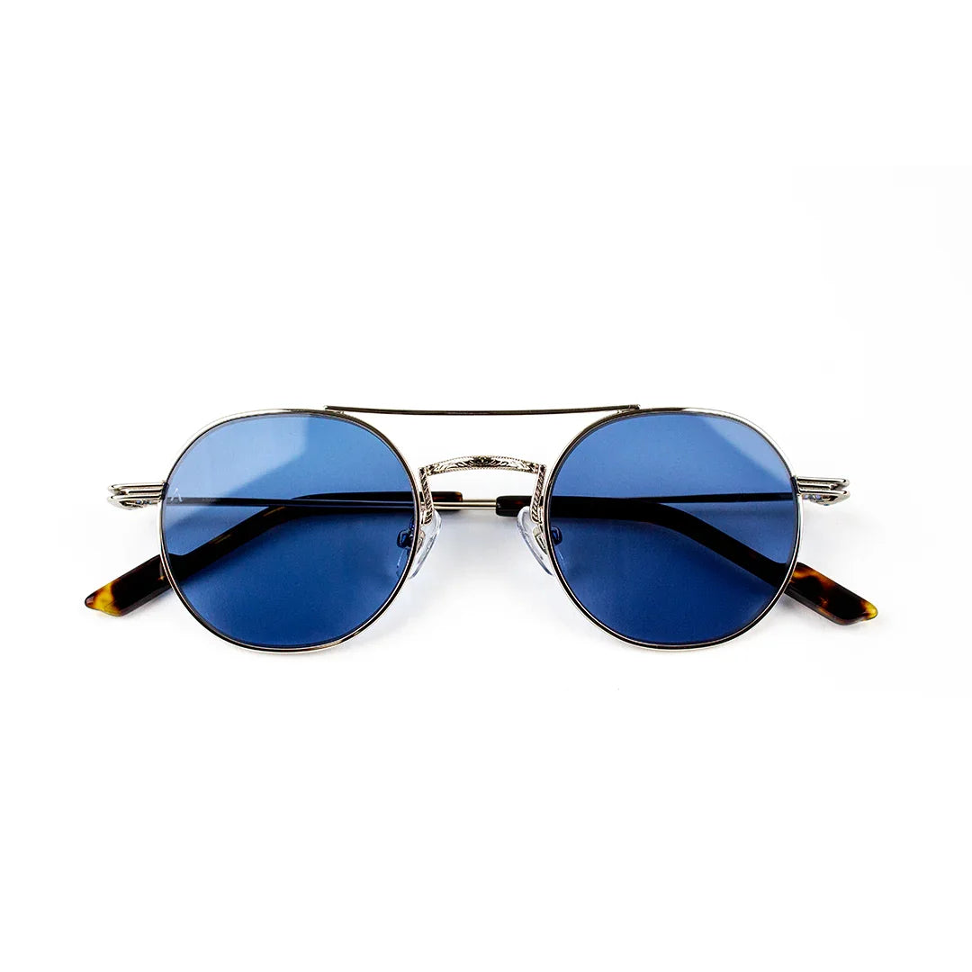 Adam Young Eyewear mavi camlı retro tarz metal çerçeveli premium güneş gözlüğü markası