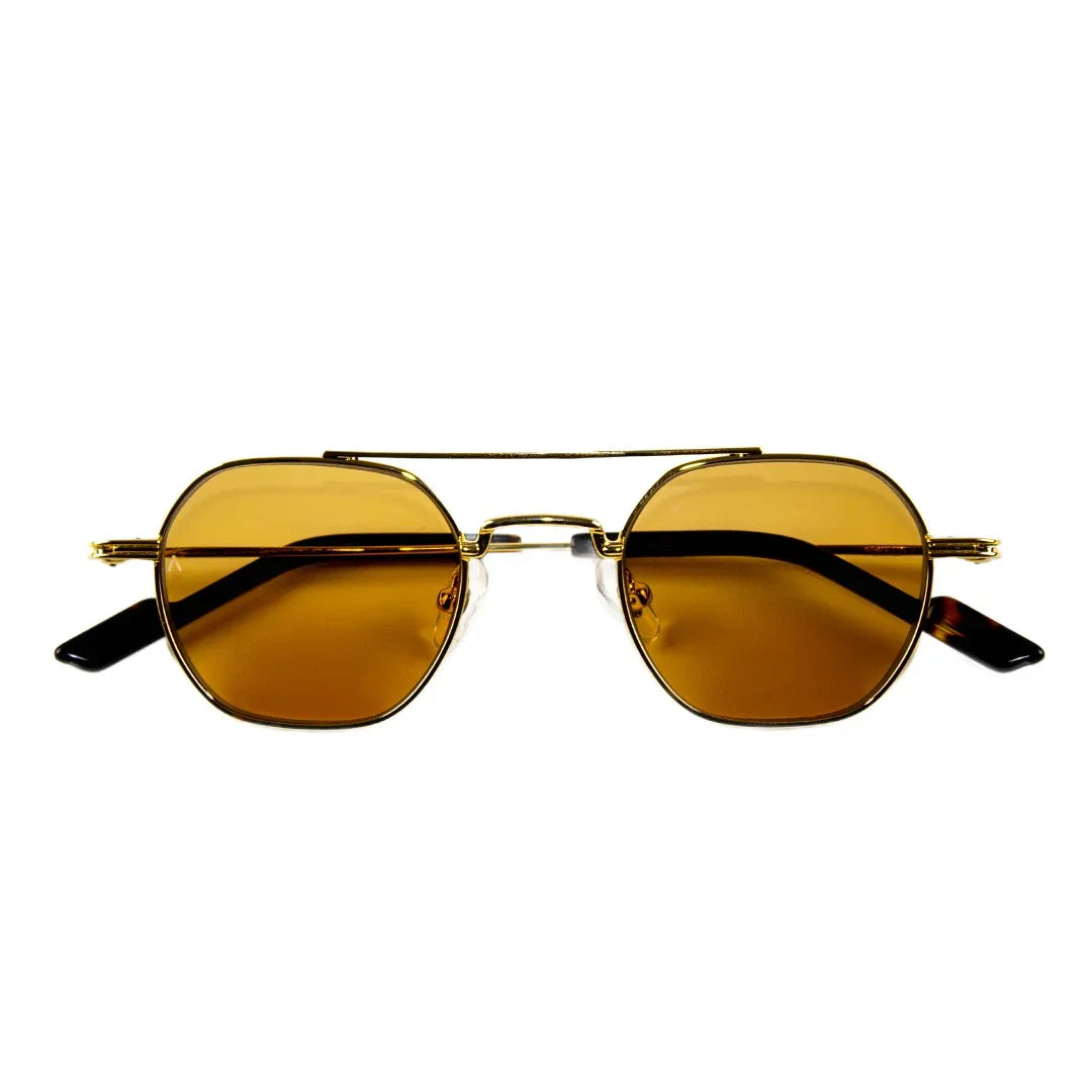 Adam Young Eyewear markasına ait altın çerçeveli gözlük kahverengi camlı modern tasarım