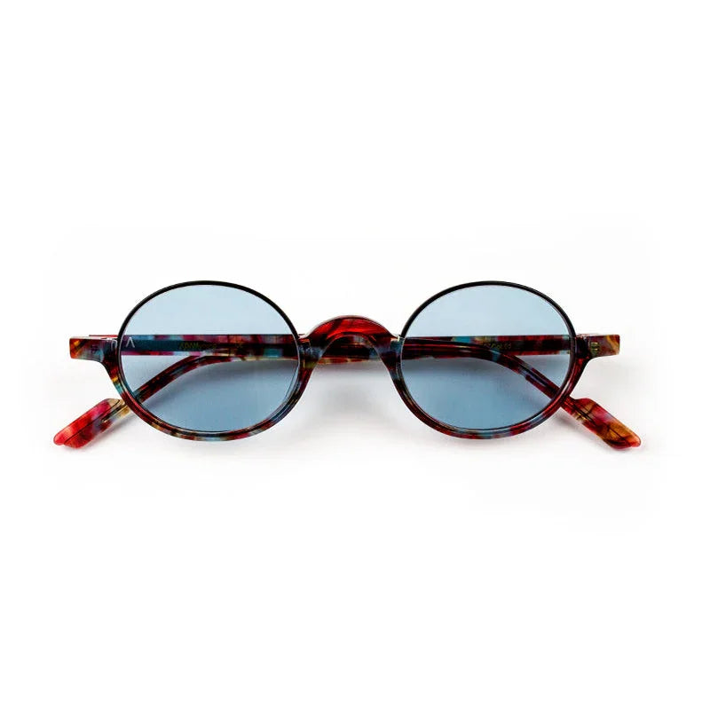 Adam Young Eyewear retro tarz gözlük yuvarlak kırmızı çerçeveli mavi camlı güneş gözlüğü